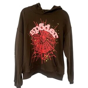 Sp5der Worldwide Brown Pink Red Web Puff Print Hoodie Mens Size Large